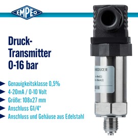 EMPEO by Messbo Pressure Transmitter Cl. 0.5%, 4-20 mA, 0-16 bar, G1/4 Inch, Stainless Steel Pressure Transmitter