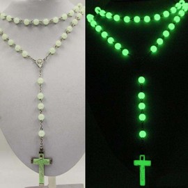 Kuesn Glow in the Dark Rosary Light Luminous Round Beads Noctilucent Cross Jesus Maria Pendant Necklace for Girls Boy Men Women Catholic Crucifix Religious Necklace Prayer Jewelry