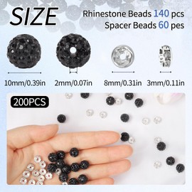 200pcs 10mm Rhinestone Beads for Crafts and Spacer Beads Bulk for DIY Crafting,Sparkly Disco Ball Clay Beads Diamond Crystal Spacer Beads for Necklace Bracelet Earring Jewelry Making Black