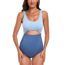 EastElegant Maternity Cutout One Piece Swimwear Ploka Dots Print Pregnancy Bathing Suit, Light Blue, XL