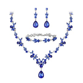 Clearine Wedding Jewellery Set for Women Bridal Y Necklace Tennis Bracelet and Earrings Dangle Set Crystal Teardrop Marquise Cluster Jewellery for Bridesmaid Blue Silver Tone, Crystal