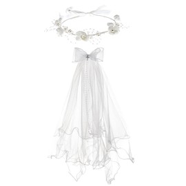Merroyal Girls Communion Bow and Dangle Cross Charm with 24 Inch Veil on Hair Comb,with White Floral Crown(Veil with Pears)