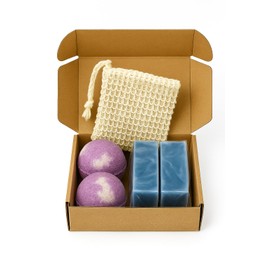 Fusion FX Lavender Bath Set – 2 Handmade Soap (4oz) and 2 Bath Bomb (3oz) & 1 exfoliating Bag Kit Relaxing Spa Aromatherapy Champagne Lavender Bath Bomb (Large, Cypress Soap)