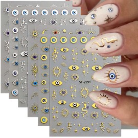 6 Sheets Evil Eye Nail Stickers for Nail Art,Gold Silver Metallic Evil Eye Nail Decals Goth Stickers with Mystical Eye,Snake Design,3D Self Adhesive Nail Art Supplies for Women,DIY Manicure Decor