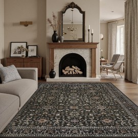 DCX Machine Washable Black Area Rug 8x10, Non Slip Stain Resistant Vintage Area Rug for Living Room Diningroom Bedroom Nursery, Soft Low Pile Large Carpet