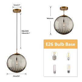 KCO Lighting Modern Large Globe Pendant Light Fixture Mid Century Smoke Grey Glass Pendant Light Vintage Hanging Lights Single Gold Globe Chandelier Kitchen Island Lighting (Smoke Gray-9.8”)