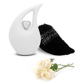KEEPSAKE COMPANY White Teardrop Small Urns for Human Ashes/Mini Urn with Sky Blue Heart/Cremation Keepsakes for Ashes/Ash Holders (White - Silver, Small - S (15 Cu in))
