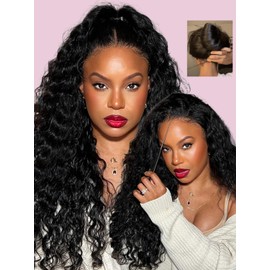 Sunber Water Wave Human Hair Wigs with Elastic Drawstring Kinky Edges Pre Everything 13x4 HD Lace Frontal Pre Plucked Pre Bleached Knots 180% Density 18Inch 3S Put On and Go Glueless Water Wave Wigs