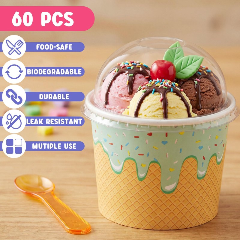 Jingmore 60 Set 4oz Ice Cream Paper Cups with Lids