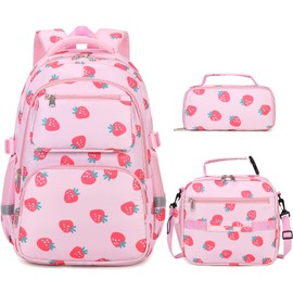 DIGOBAY Kids Backpack for Girls, 3PCS Toddler School Backpack Set with Lunch Box & Pencil Case, School Bag Cute Bookbag for Preschool Kindergarten Elementary Student Ages 3-12, Pink Strawberry
