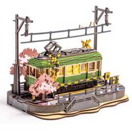 ROBOTIME 3D Puzzle Wooden Sakura Tram with Lights, Model Kit Wooden Puzzle Bookshelf Decoration Gifts for Adults and Children