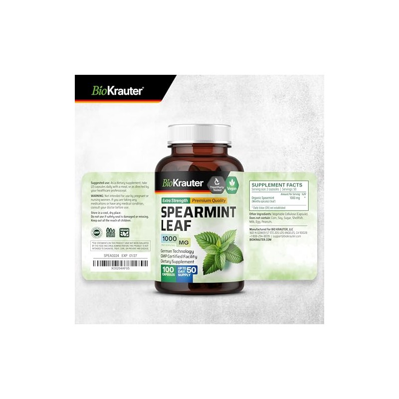 Cápsulas de Menta Spearmint, 500 Mg, Hoja de Orgánica (Mentha