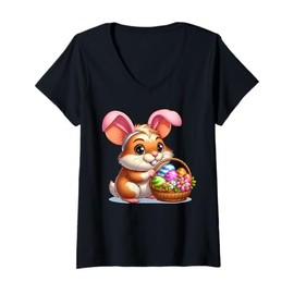 Womens Cute Bunny Ear Hamster Easter Eggs Owner Kids Girls Boys V-Neck T-Shirt