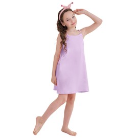 Umeyda Girls' Satin Silky Nightgown Sleeveless Spaghetti Strap Pajamas Dress for Kids Sleepwear, Lilac, 7-8 Years = Tag 140
