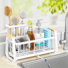 Doasuwish Kitchen Sink Caddy with High Brush Holder,Self-Draining kitchen countertop organizer,Rustproof 304 Stainless Steel,Non-Slip Stability High Storage sponge holder for kitchen Sink White