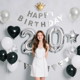 20th Birthday Decorations Balloons Set Black & Silver Happy Birthday Banner & Number Balloons Confetti with Crown Luxury Party Decorations for Boys & Girls