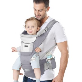 KIYUMI Baby Carrier with Hip Seat, 6- in-1 Baby Carrier Newborn to Toddler, Ergonomic M Position, Head Support and Breathable Mesh,Adjustable Removable Baby Sling Carrier (7-45 lbs), Grey