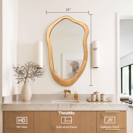 TheiaMo 40"x24" Irregular Wall Mirror, Solid Asymmetrical Mirror, Wood Bathroom Mirrors Wall Mounted, Wall Mirrors Decorative for Living Room, Bedroom, Bathroom, Hallway, Entryway