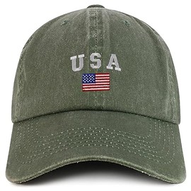Trendy Apparel Shop American Flag and USA Embroidered Soft Washed Patriotic Cap - Olive