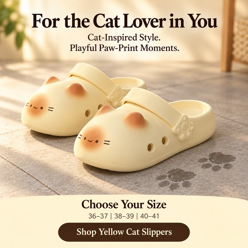 Cat Slippers for Women – Yellow Closed-Toe Cat Clogs with