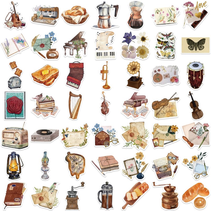 50Pcs Vintage Stickers Pack, Retr Cafe Retro Music Stickers for