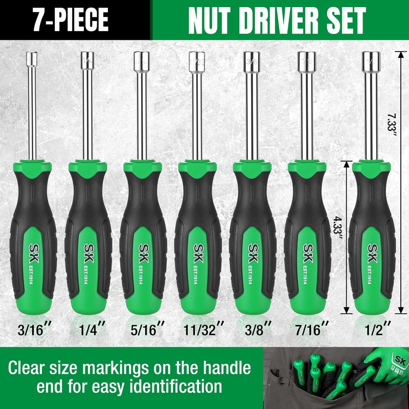 SK 7-Piece SAE Nut Driver Set, 3/16", 1/4", 5/16", 11/32",