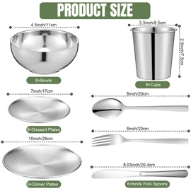 Jinei 42 Pcs 304 Stainless Steel Dinnerware Set 10 Inch 7 Inch Stainless Steel Plates Bowls Cups Forks Spoons and Knives Sets Reusable Metal Camping Dinnerware for Home Outdoor Picnic Kitchen