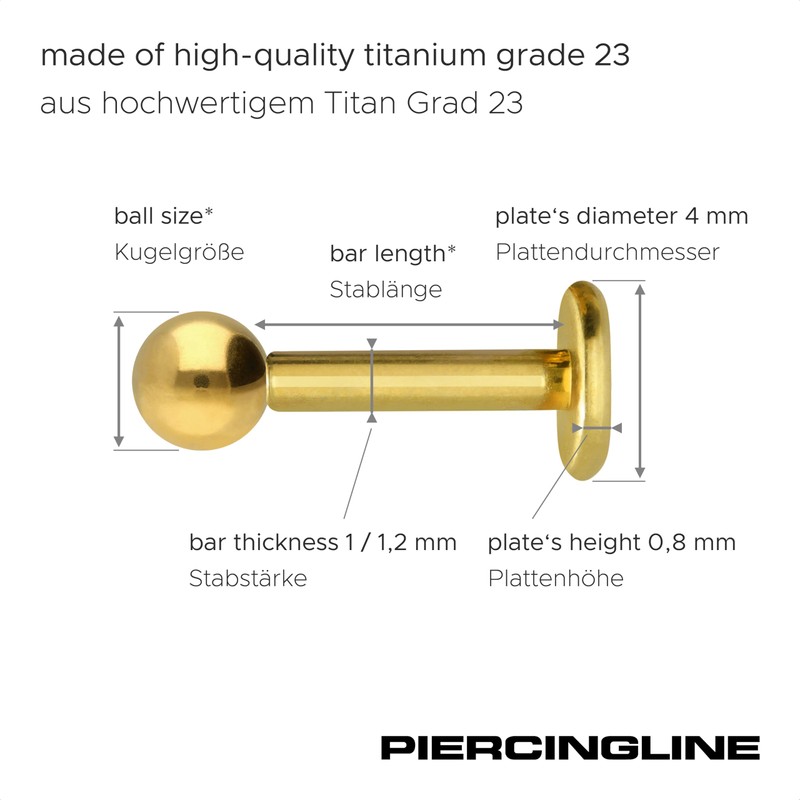PIERCINGLINE Titanium Labret with Push Fit Ball Piercing Ear Helix