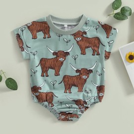 Kayotuas Western Baby Boy Girl Clothes Cow Print Bubble Romper Oversized Tshirt Onesie Short Sleeve Bodysuit Summer Outfits (Green Highland Cow, 6-12 Months)
