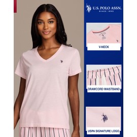 U.S. Polo Assn. Pajama Sets for Women 2 Piece, PJ Sets with Knit Tee and Woven Pajama Pants (Light Pink Heather, X-Large)