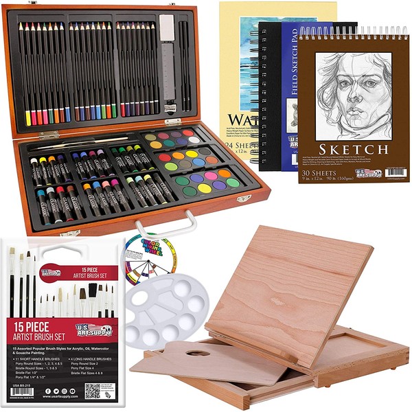 US Art Supply 82 Piece Deluxe Art Creativity Set in Wooden Case, Wood Desk Easel and Bonus 20 additional pieces - Deluxe Art Set