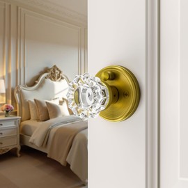 SHINY HANDLES Glass Door Knobs Interior, Vintage Privacy Clear Crystal Door Knobs with Lock Antique Brass Door Knob for Bedroom Bathroom, 1 Pack