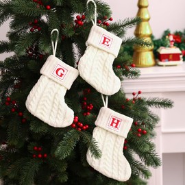 OJCHRLKF Mini Monograma con inicial de 8 pulgadas, bordado de Navidad, calcetines de punto, decoración de Navidad, color rojo, blanco, verde, lindo calcetín de Navidad, blanco, T-60