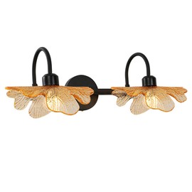 Auwieou 2 Light Bathroom Vanity Light Black Wall Sconce with Amber Flower Glass Shade mid Century Wall Light Vintage Wall Sconce Matte Black Vanity Light Over Mirror for Bedroom Hallway Living Room