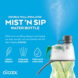 O2COOL Mist 'N Sip Misting Water Bottle 2-in-1 Mist And Sip Function With No Leak Pull Top Spout Sports Water Bottle Reusable Water Bottle - 20 oz (Geo Green)
