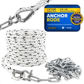 Five Oceans Anchor Rode and Chain - Hand-Spliced Anchor Rope and Chain Kit, 1/2" x 100' Nylon 3-Strand Anchor Rope with 1/4"x10' Hot-Dipped Galvanized Steel Anchor Chain, Shackle and Thimble - FO4572