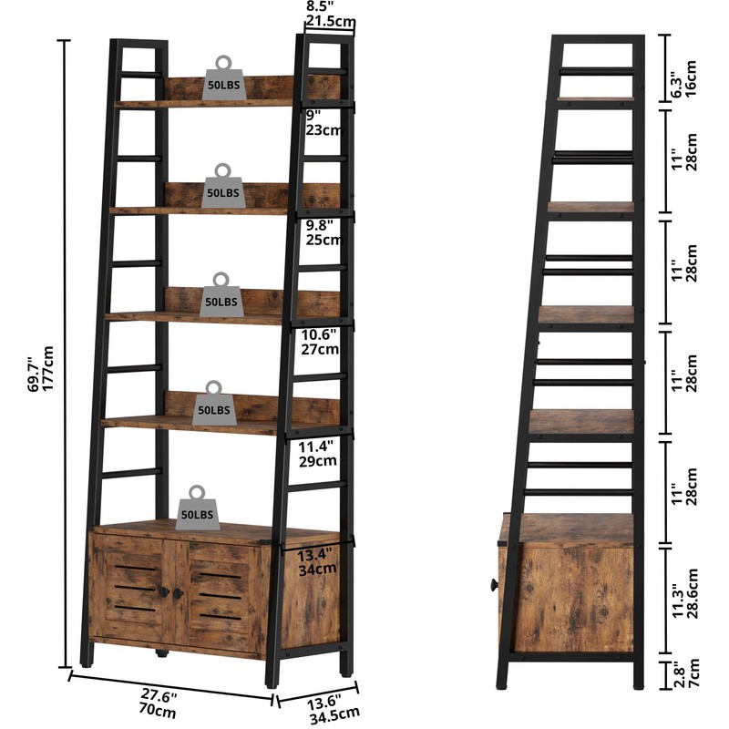 IRONCK Bookshelf with Louvered Doors, 4-Tier Ladder Shelf with Cabinet