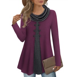 Bebonnie Womens Fall Fashion 2025,Feminine Long Sleeve Cowl Neck Warm Splicing Tunic Tops with Buttons Magenta Grey XX-Large
