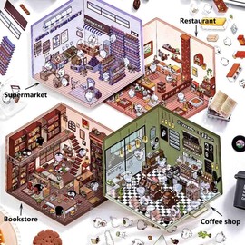 CEDRIL 4 Sets DIY 3D House Stickers, 3D Stickers, Fun DIY Stickers Scene Make Your Own Supermarket,Coffee Shop,Restaurant,Bookstore,Cute Korean Cartoon Scene Stickers for Adult Kids,Scene Stickers