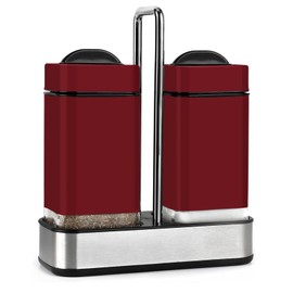 Red Salt and Pepper Shakers Set with Holder, Salt Shaker with Adjustable Pour Holes, Stainless Steel Refillable Spice Dispenser by Aelga