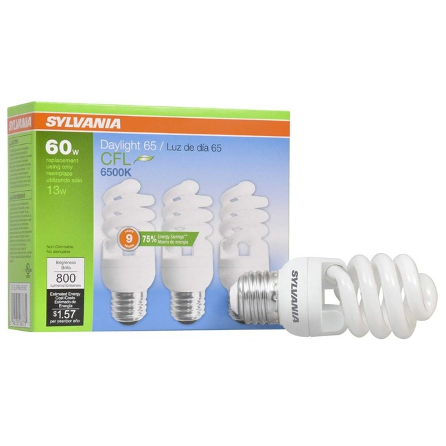 SYLVANIA CFL T2 Twist Light Bulb, 60W Equivalent, Efficient 13W, E26 Medium Base, 6500K Daylight, 3 pack