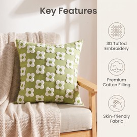 Daisy Throw Pillow, 1PC Fluffy Faux Fur 18x18 Inch Jacquard Decor Pillow, including the Cover and Insert Cute Floral Decorative Pillow for Sofa Living Room Couch Bed,Bedroom (Green Flower, 18"x18")