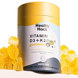 Health Hack Vitamina D3 + K2 en Gomitas con Aceite de Coco, Coenzima Q10 y Magnesio, 400 UI D3, 30 ug K2 (Menaquinonas), 100 mg CoQ10 por Porción, Sabor Piña, Sin Azúcar, 60 Gomitas