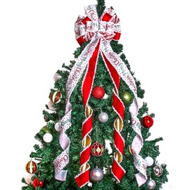 Christmas Tree Topper Bow Christmas Wreath Bow 52x13 Inches Large Burlap with White Red Polyester Edge Gift Bow for Xmas Tree Décor Christmas Home Indoor Outdoor Decoration