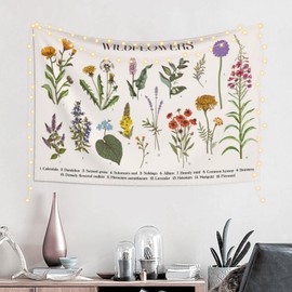 Wildflowers Vertical Tapestry Wall Hanging, Illustrative Reference Chart Tapestry With Word, Beige White Vintage Tarot Flag Straight Tapestry Aesthetic Flower Plant Tapestrys For Living Room Dorm 80x60 Inch
