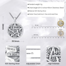 Eusense Pentagram Necklace Triple Moon Goddess Necklace 925 Sterling Silver Hecate Pendant Sun and Moon Pendant Jewellery Gifts Spiritual Amulet Wiccan Pagan Talisman for Men Women, Sterling Silver