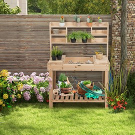 Giantex Garden Potting Bench Table, Large Workbench Table with Shelves, Openable Tabletop Hidden Storage Cabinet, 3 Hooks, Outdoor Wooden Workstation for Patio Garden Garage, 43.5"x19.5"x 60.5"