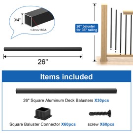 CKE 26" Square Deck Balusters, 30 Packs Black Aluminum Deck Balusters for Wood and Composite Deck Railings with Screws & Balusters Conectors, 3/4" Diameter Hollow Square Aluminum Deck Spindles S26