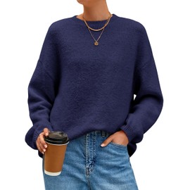 MASCOMODA Long Sleeve Crewneck Pullover Oversized Sweaters for Women Fall 2025 Casual Loose Fuzzy Chunky Knitted Jumper Tops(Navy Blue,Small)
