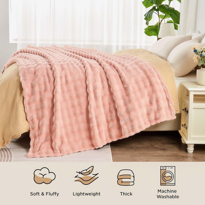 Wajade Fluffy Flannel Blanket Pink Bubble Faux Fur Bed Throw